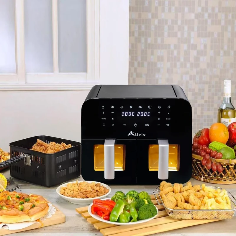 Alivio 9L Double Basket Air Fryer 2400W, Visual Window Adjustable Temperature, Healthy Cooking Large Dual Basket Family Size Air Fryer (Black)