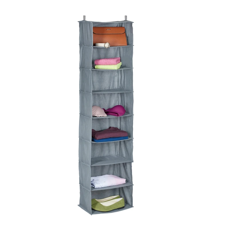 Relaxdays Wardrobe Hanging Storage, 8 Compartments, Fabric, HWD: 140 x 36 x 20 cm, incl. Hooks, Foldable, Closet, Grey, Cotton