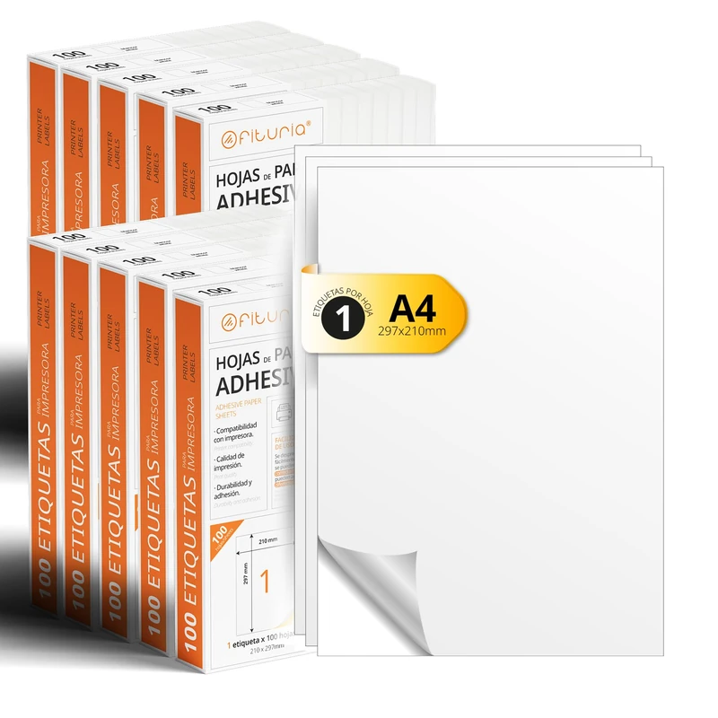 Ofituria Custom White Adhesive Labels for Any Surface, Secure Adhesive A4 Paper, Printable Adhesive Label (1 Per Sheet, 2000 Hours)