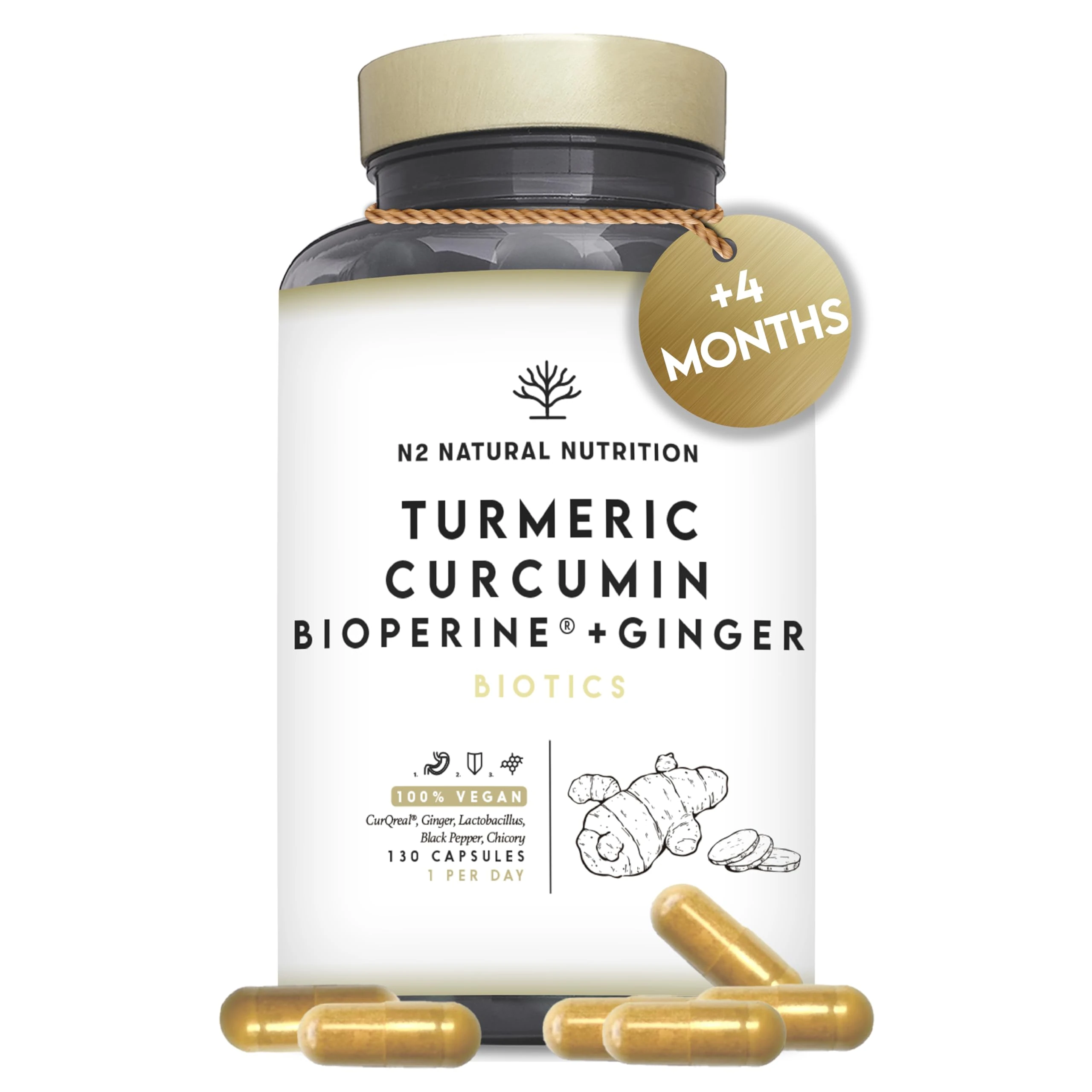 Turmeric 10.000 mg Curcumin 95% with Black Pepper Bioperine®, Probiotics 2 Billion UFC & Ginger, 130 Days of CurQreal®, Prebiotics, Anti-inflamatory, Antioxidant, N2 Natural Nutrition