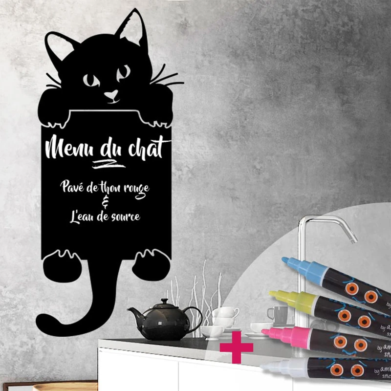 Ambiance Sticker Blackboard Blackboard – Erasable Adhesive Wall Stickers – Cuckoo Cat – H75 x L35 cm + 4 Liquid Chalks