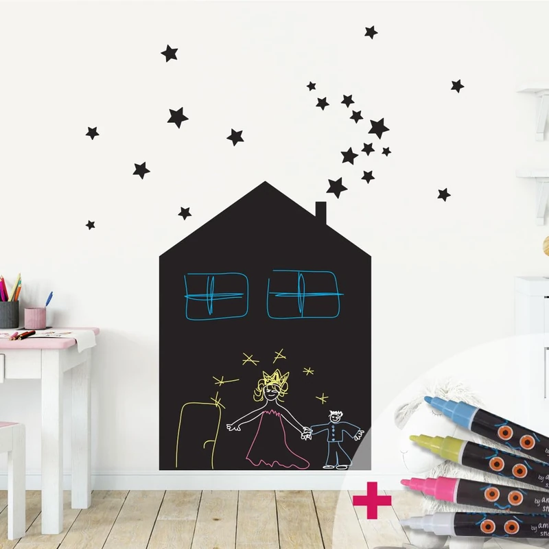 Ambiance Sticker Blackboard Blackboard – Removable Adhesive Wall Stickers – House and 20 Stars – H75 x L55 cm + 4 Liquid Chalks - Image 1
