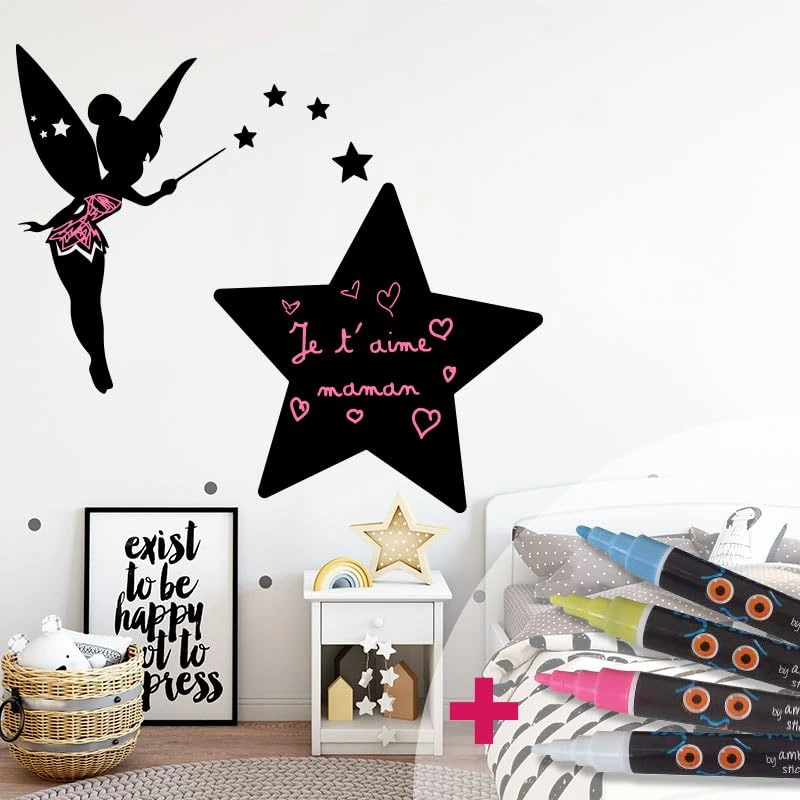 Ambiance Sticker Blackboard Slate – Erasable Adhesive Wall Stickers – Dreamy Fairy – H95 x L105 cm + 4 Liquid Chalks