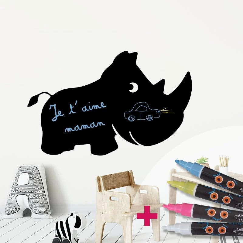 Ambiance Sticker Blackboard Blackboard – Removable Adhesive Wall Stickers – Rhinoceros – H65 x L100 cm + 4 Liquid Chalks