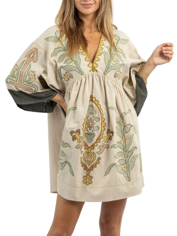 Joiemont Womens Oversized Embroidered Dress with V-Neck and 3/4 Sleeves Vintage Embroidery Babydoll Dress, Olive, M
