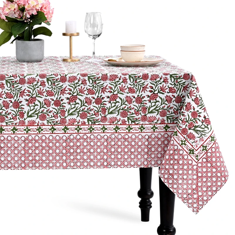 CPC Rectangle Table Cloth, Gray Indian Block Print Cotton Fabric Farmhouse Table Cover for Outdoor, Mothers Day, Buffet, Wedding- 70x108 Inch, Red Garnet