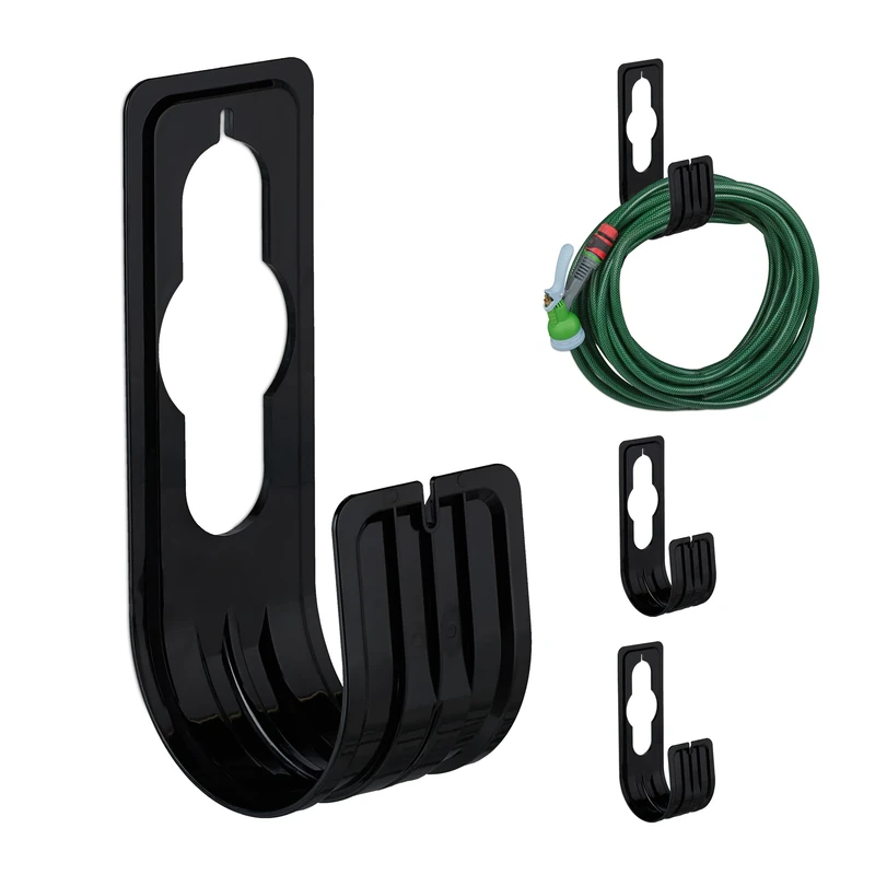 Relaxdays Hose Holder, Set of 4, for 30 m Hosepipes, Storage Hanger for Tap & Wall-Mount, HxWxD: 22 x 7.5 x 10 cm, Black