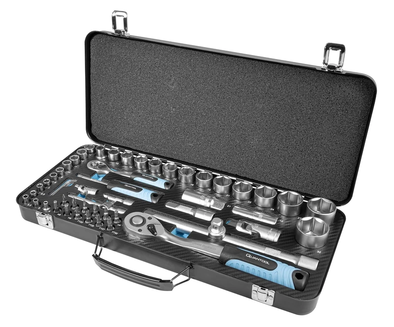 Quantool Q25010 Socket Spanner Bit Set 56 Pieces in Robust Metal Case Reversible Ratchets 1/4 Inch 1/2 Inch Allen Wrench Made of CRV Steel for DIY, Workshop and Car Work