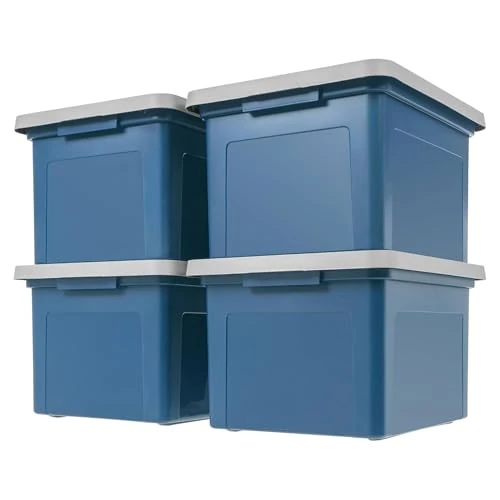 IRIS USA File Box Plastic File Organizer for Letter/Legal File, Document Box, Durable Storage Bin Tote with Secure Latching Lid, Stackable, BPA-Free, Eco Friendly, Sustainable, Navy/Gray 35 Qt. 4 Pack