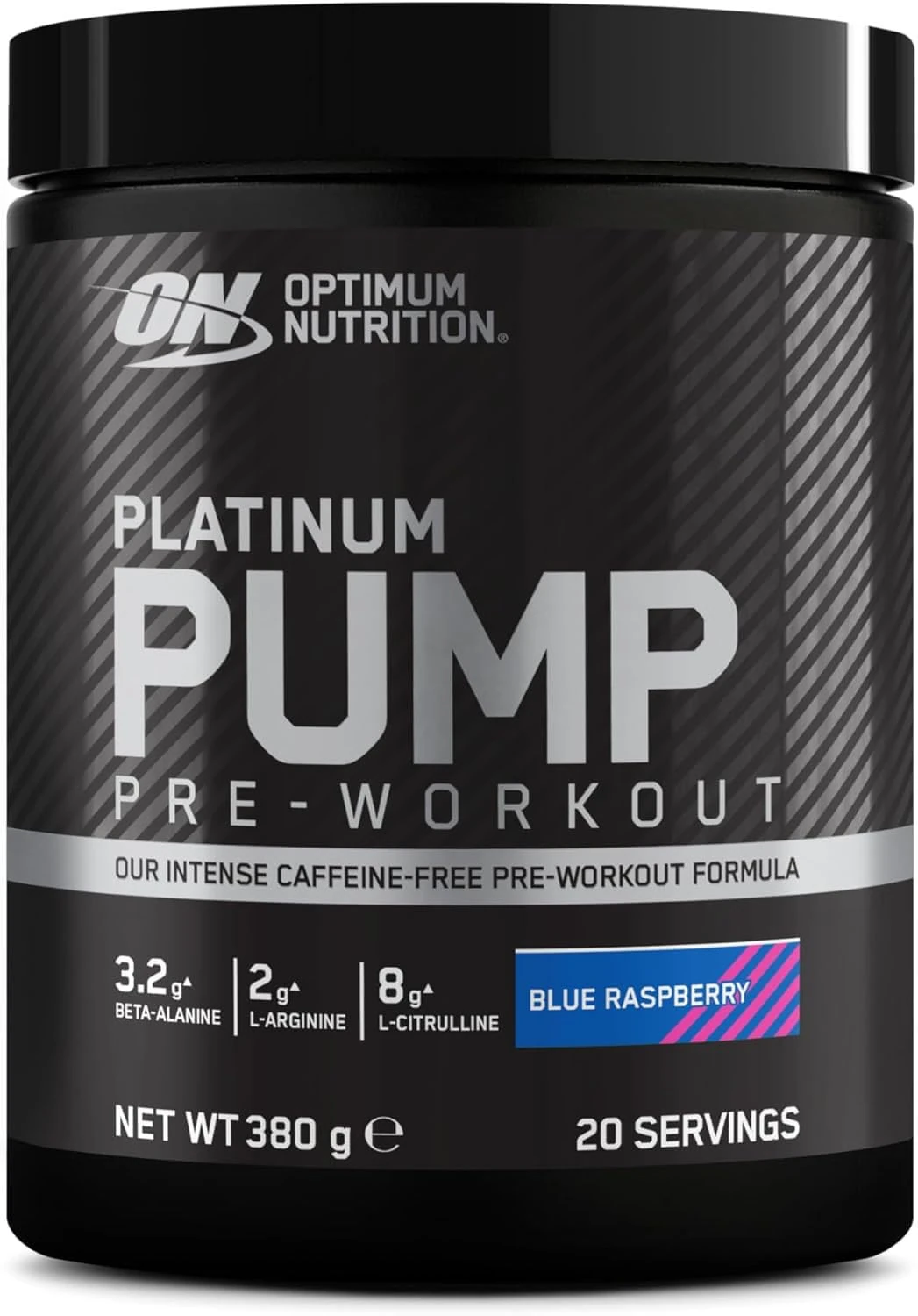 Optimum Nutrition ON Platinum Pump Pre-Workout, Intense Caffeine-Free Pre-Workout Food Supplement with Fruitflow, Beta-Alanine, L-Arginine, L-Citrulline, Blue Raspberry Flavour, 20 Servings, 380 g