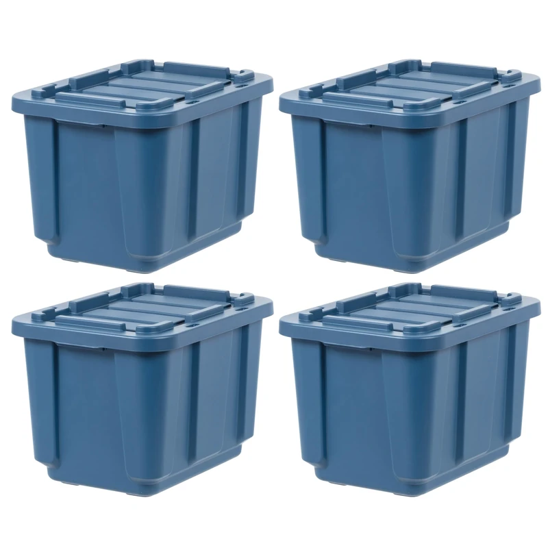IRIS USA 12 Gallon Eco-Friendly Heavy Duty Storage Bins with Lids, 4 Pack - Made in USA, Snap On Lid Stackable Industrial Tough Totes, Rugged Tubs, Garage Organization, Rugged Reusable Boxes - Navy
