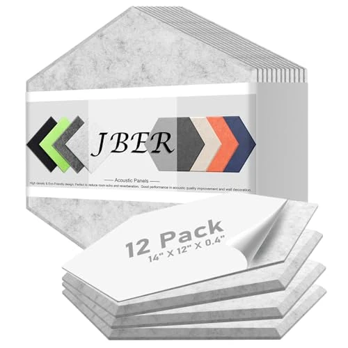 12 Pack Hexagon Acoustic Panels, Sound Proof Foam Self-adhesive,12" X 10" X 0.4" High-Density Acoustic Wall Panels for Studio, Home Office(Silver Gray)