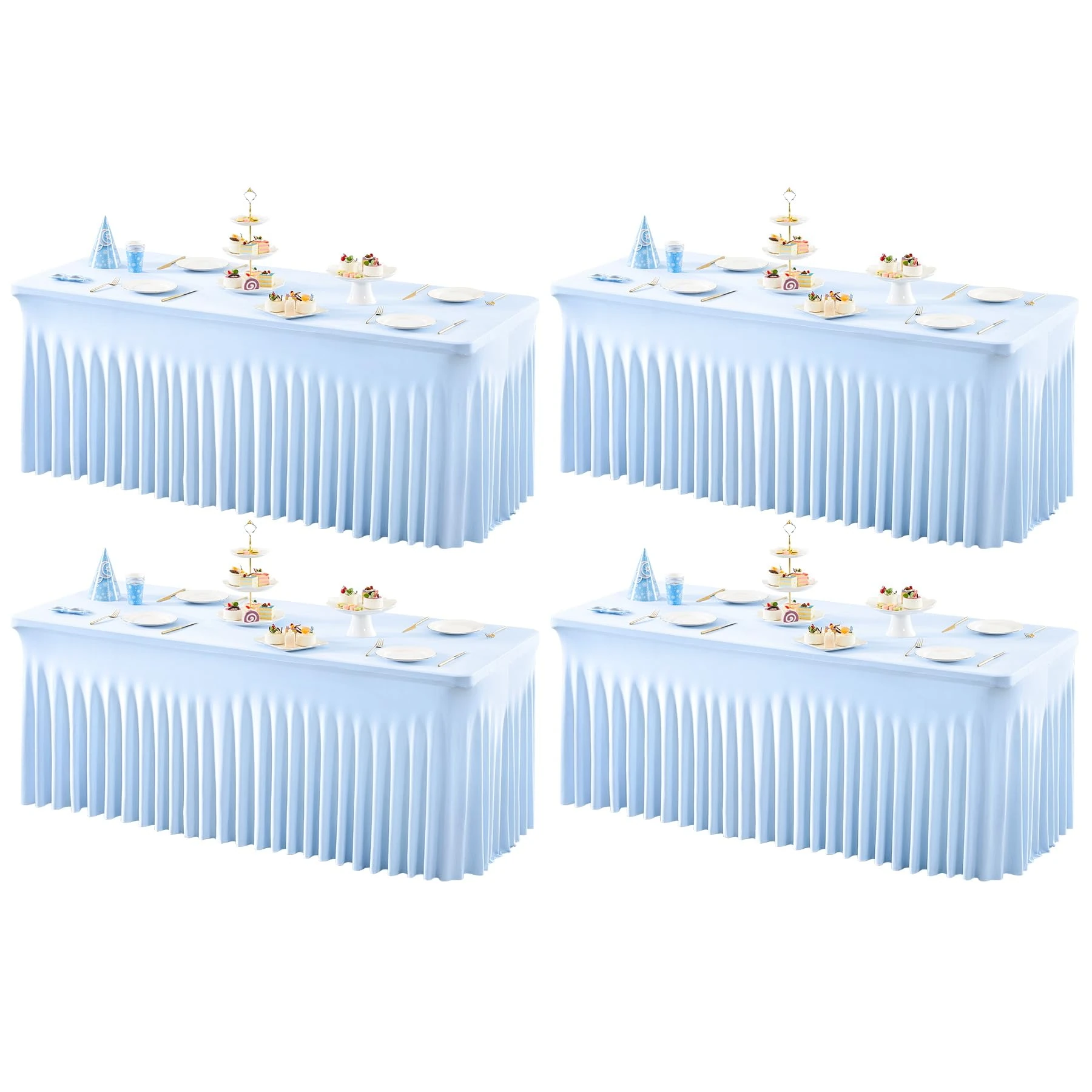 4 Packs Baby Blue Table Clothes for 6 Foot Rectangle Tables, One-Piece Wrinkle Resistant Stretch Spandex Table Covers with Skirt for Event Banquet Wedding Birthday Party