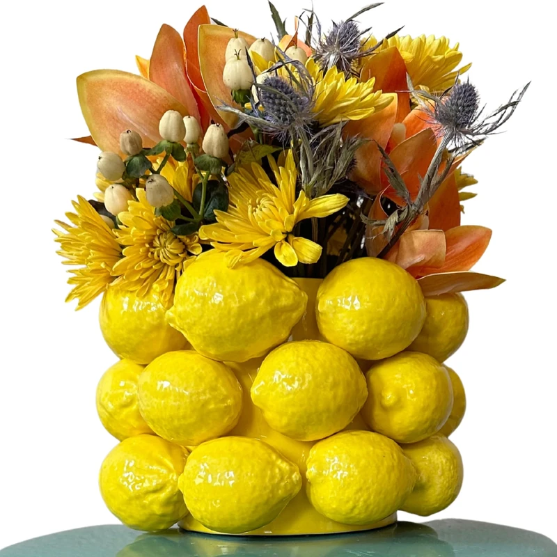 PeachiiPitt Lemon Vase -Cheery Yellow Ceramic French/Mediterranean Style Unique Vase with 3D Lemon Design- Lemon Kitchen Decor - Lemon Themed Housewarming Gift for her