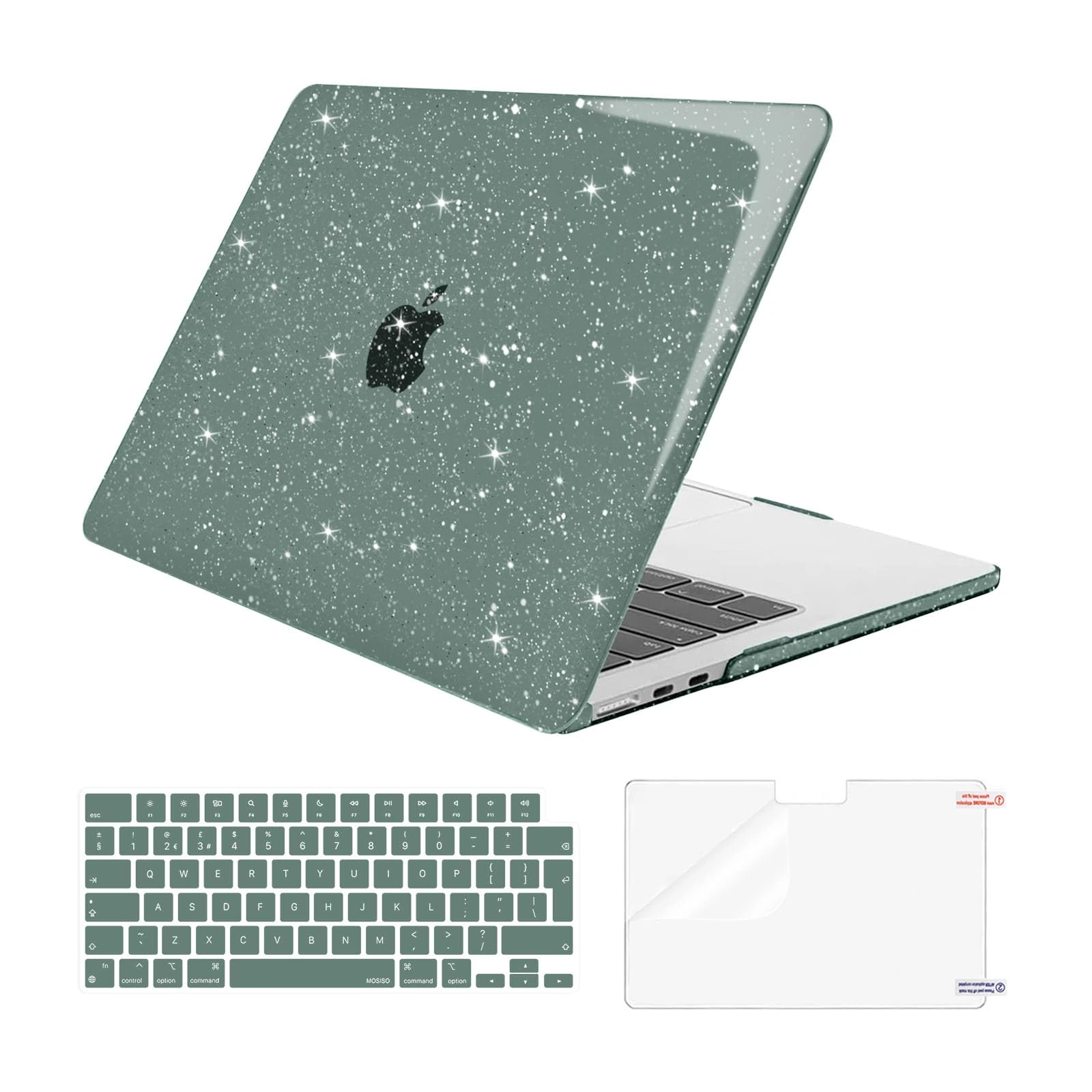 MOSISO Compatible with MacBook Air 13 inch Case 2025 2024 2023 2022 M4 A3240 M3 A3113 M2 A2681, Glitter Sparkly Hard Shell &Keyboard Skin&Screen Protector for MacBook Air 13.6 inch Case, Emerald Green