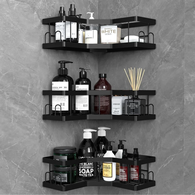 AceMining Shower Caddy, 3 Pack Black Bathroom Shelves, Adhesive Shelf Storage No Drilling, Carbon Steel Shower Organiser, Rust-Resistant Caddy Corner, Soap Holder, Bathroom Accessory