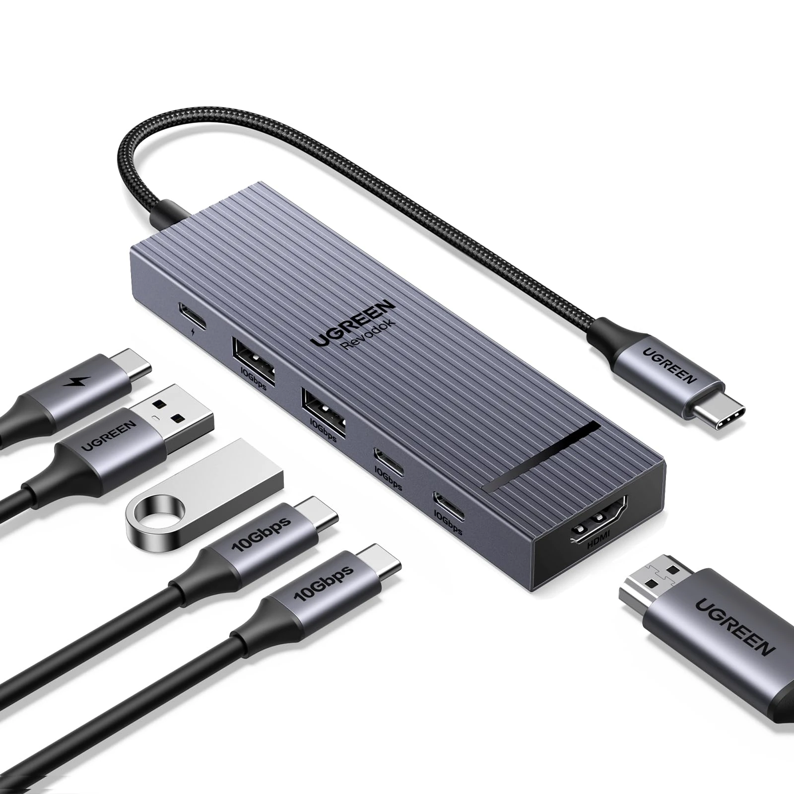 UGREEN USB C Hub, Revodok Pro 106 USB-C Multiport Adaptor, Type-C to HDMI Adapter with 4K@60Hz HDMI, 4x 10Gbps USB-A & C Data Port, 100W PD, Aluminum Dock for MacBook, iPad Pro, HP Laptops, Mac Mini