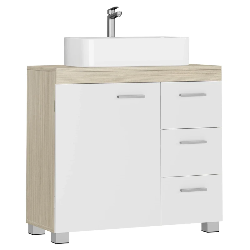 VASAGLE Under Sink Bathroom Cabinet, Storage Cabinet, with 3 Drawers, 2 Compartments Behind the Door, for Washbasins with Pedestal, with Feet, 30 x 70 x 64 cm, Cloud White and Natural Beige BBK504K01