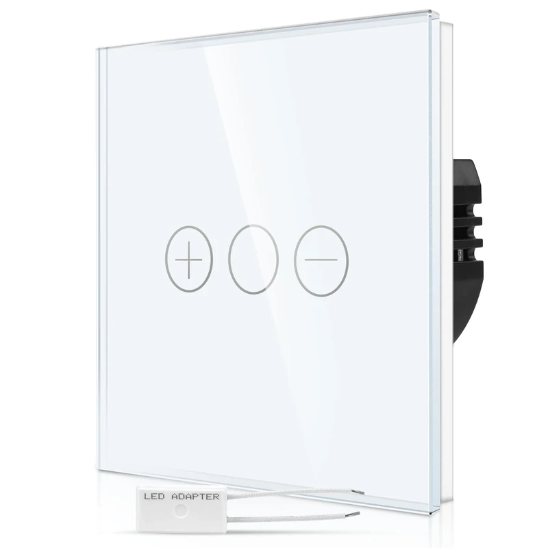 CNBINGO Dimmer Touch Light Switch - White Wall Switch with Glass Panel and Status LED Backlight - Dimmer Switch for Dimmable LED with a free Adapter - 1 Gang - 3 Buttons