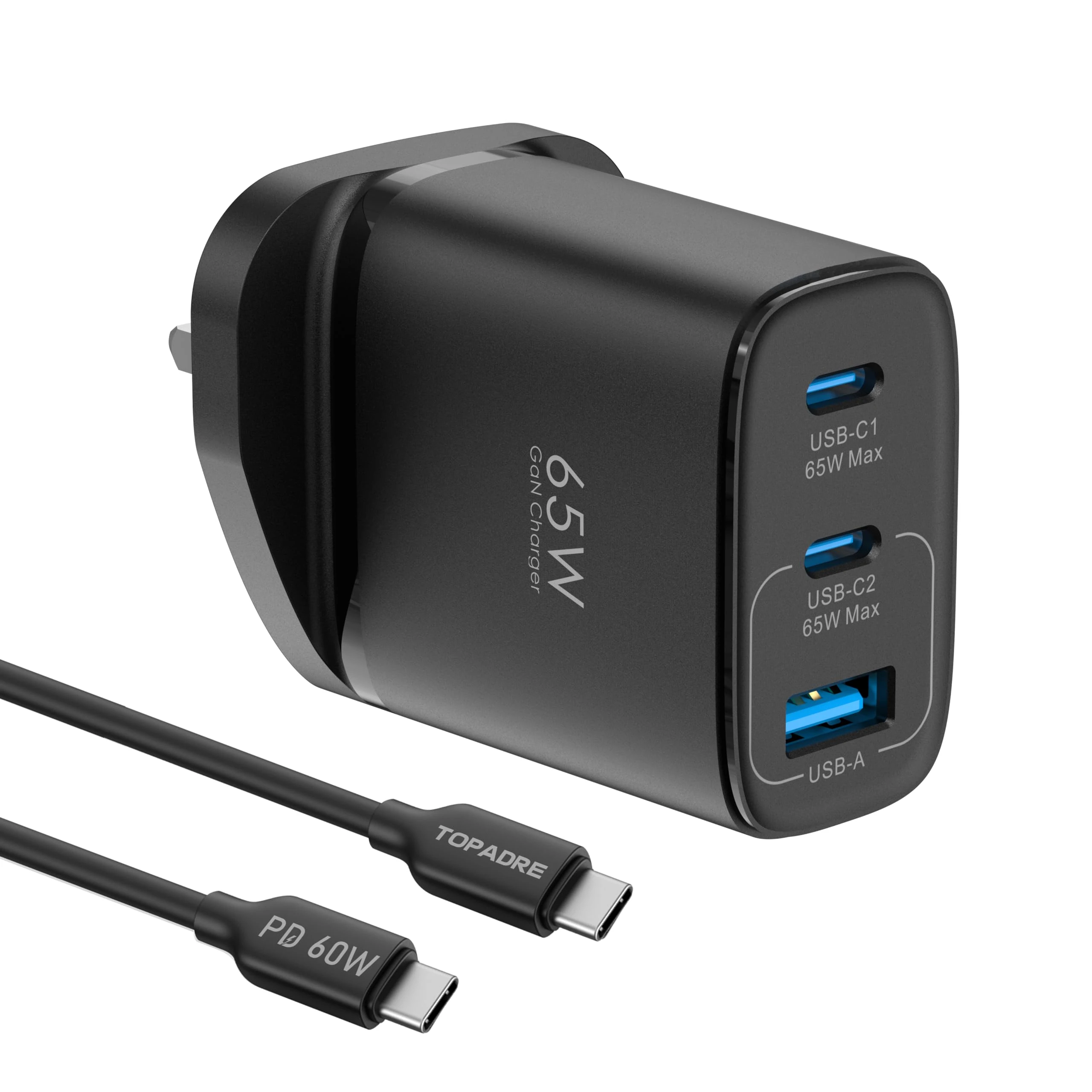 TOPADRE 65W USB C Charger, 3 Ports Fast Charger Plug with QC4.0/PPS/PD3.0, UK USB C Plug for MacBook Pro/Air, iPad Pro/Air, for iPhone 17 Air/16/15Pro Max, for Galaxy S24/S23, Laptop Charger, Black