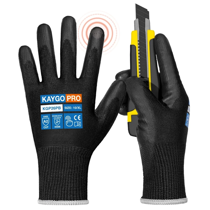 KAYGO Work Gloves PU Coated 6 Pairs Cut Resistant Touchscreen, KGP26PB, ANSI Cut Level A2 Safety Working Gloves with Secure Grip, Ideal for Warehouse Construction Carpentry Gardening (X-Large, Black)