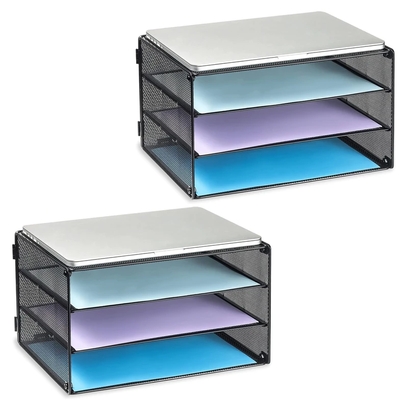 DALTACK 3 Tier Letter Tray Paper Organizer for Desk, Mesh Metal Desk File Organizer with Sliding Trays for Letter/A4 Paper, Mail, Bills & Folders, 2 Pack, Black