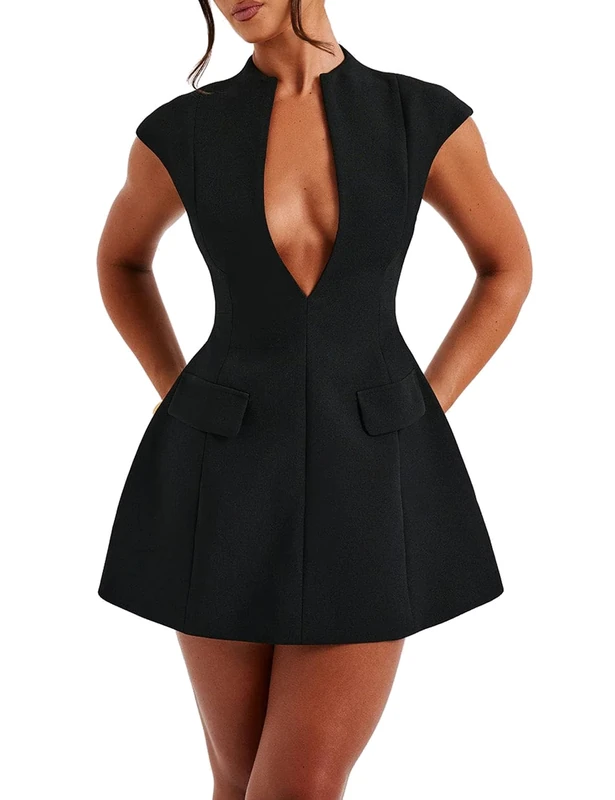 LuFeng Women's Summer Sexy Cap Sleeve Deep V Neck Zipper A-line Mini Dress Hollow Bodycon Night Out Party Dress, Black, XL - Image 1