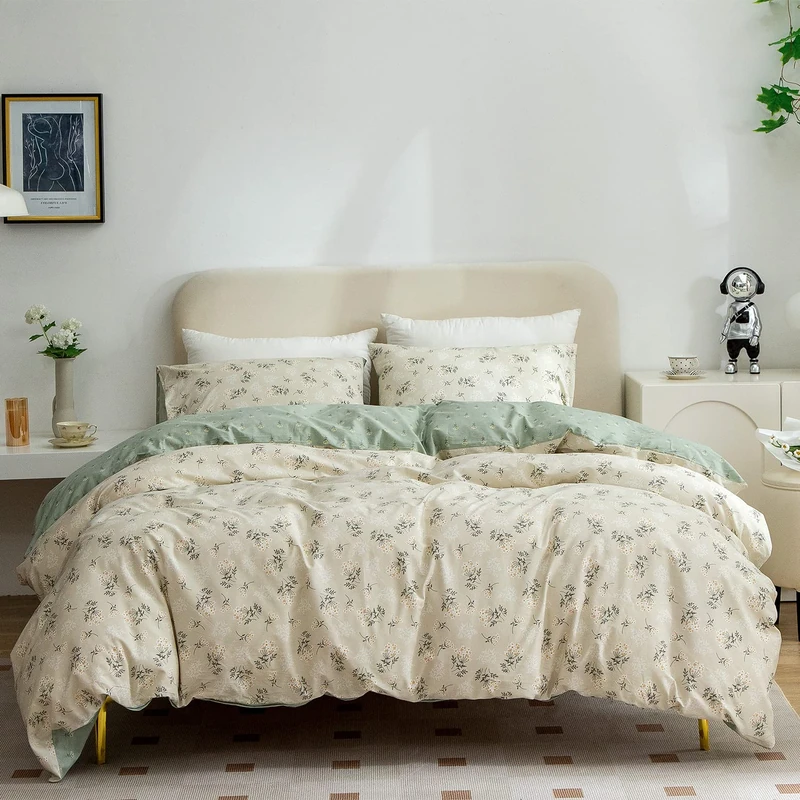 BUPIRD King Comforter Set - Soft Cute Floral Bedding, Green Flower Print Botanical Garden Style, 1 Comforter and 1 Pillowcases for All Seasons