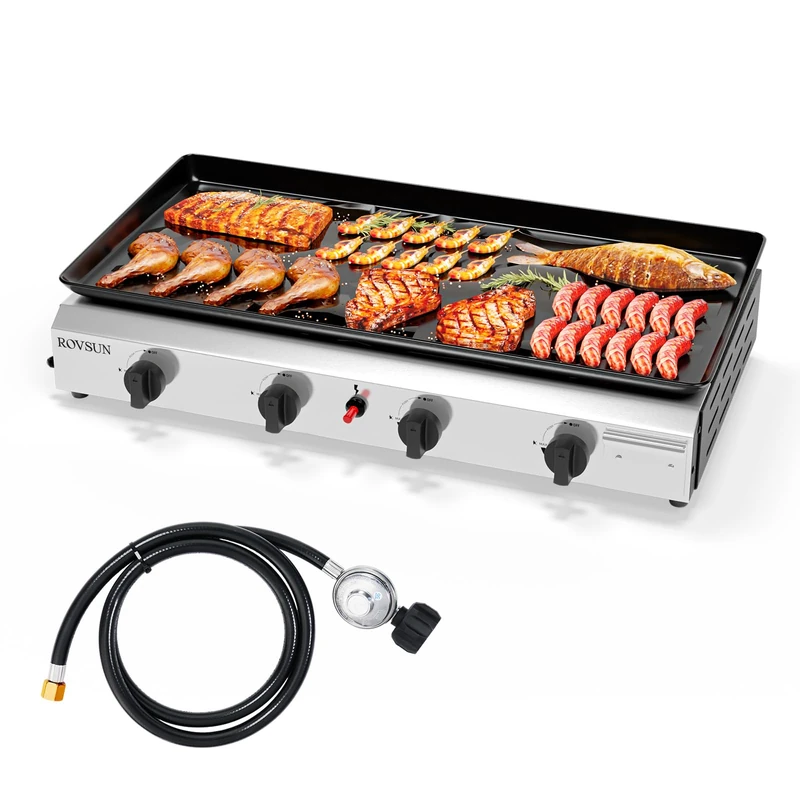 ROVSUN Camping Gas BBQ Grill with 4 Burners, 9.6 kW, Enamelled Non-Stick Baking Tray and One-Click Ignition for Camping, Garden and Beach, 76 x 39 x 16 cm