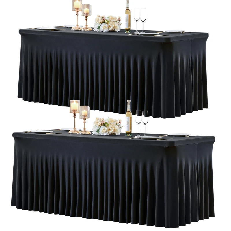 gogoparti 2 Pack Spandex Black Fitted Table Cloth for 8ft Rectangle Tables Black Stretch Tablecloth Table Covers Skirt Banquet Wrinkle Free Tablecloths for Parties Wedding