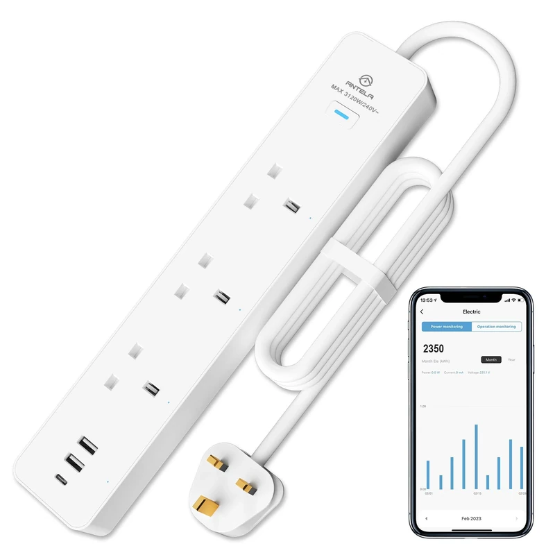 ANTELA Smart Power Strip Energy Monitoring, Wifi Smart Extension Lead with 3 Outlets+3 USB Ports (2 USB A+1 USB C), Work with Alexa, Google Home, Voice Control, Smart Life App, 1.5M, 2.4GHz, 13A - Image 1