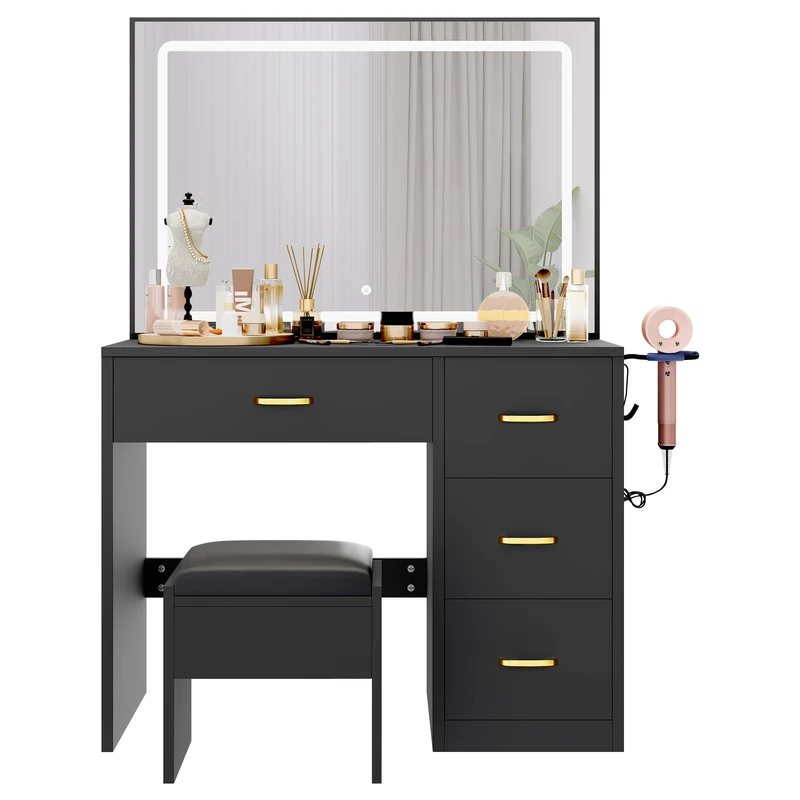 YITAHOME Dressing Table with Mirror, Cosmetic Table with 4 Drawers, Lighting, Socket, Black (Make Up Table, Dressing Table, Cosmetic Table, Vanity Table)