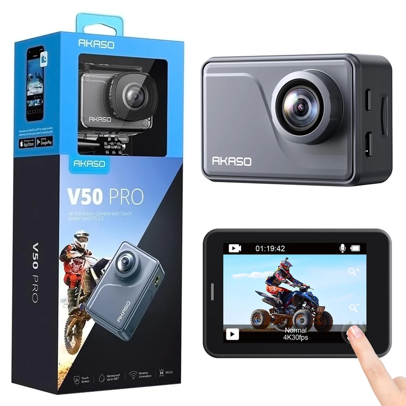 AKASO V50 Pro Sports Camera 4K 30fps 20MP WiFi - 4k Waterproof Ultra HD EIS Stabilizer with Adjustable Wide Angle Touch Screen Remote Control - 40M Underwater Sport Camera and Accessories Kit
