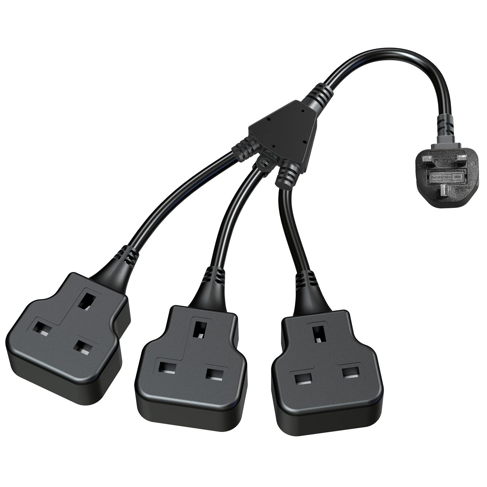 3 Way Extension Lead with Short Cable (UK Plug Included), 3-in-1 Double Sockets Extension, 3 AC Outlets Power Strip 3500W (250V/13A) for Home Travel Office, Small Power Cord, Black