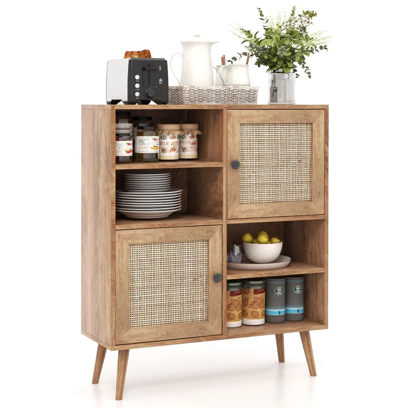 GiantexUK Rattan Storage Sideboard, Wooden Buffet Storage Cabinet with 2 Doors, 4 Open Cubbies & Anti-toppling Device, Boho Freestanding Organizer Cupboard for Kitchen Dining Living Room