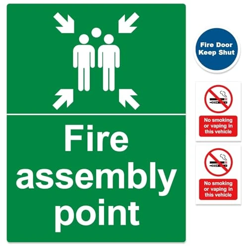4Pcs Safety Signs Set - 1 Fire Assembly Point Sign, 2 No Smoking Stickers for Vehicles and 1 Fire Door Keep Shut - Matte Rigid Plastic Fire Assembly Point with Pre-Drilled Holes