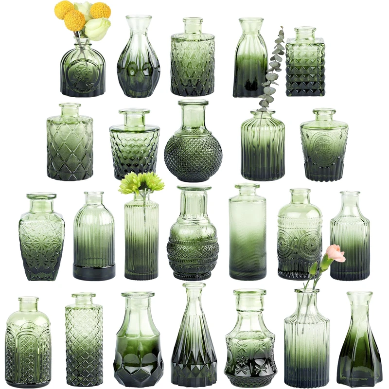 TBWIND Glass Vases, 24 Pieces Small Green Flower Vases for Centerpieces, Mini Vintage Vase for Wedding Decoration, Individual Flowers and Table Decoration