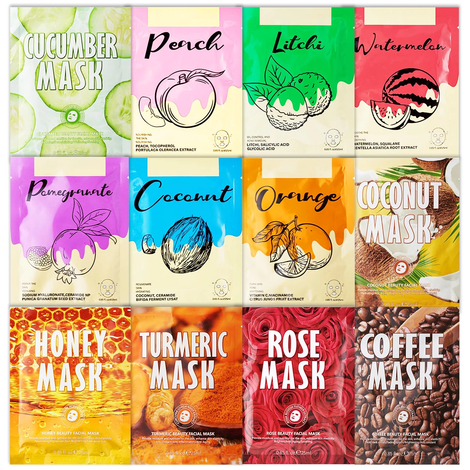 Pack of 12 Face Sheet Masks, Face Masks Skincare, Face Masks Beauty, Sheet Face Mask, Skincare Hydrating & Nourishing Sheet Masks, Beauty Multipack Face Mask Set for Women, Girls, Moisturize, Hydrate