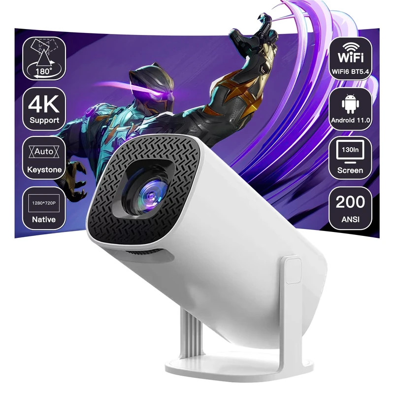 Mini Projector 4K 1080P Support, Smart Portable Projector WiFi6 BT 5.4 Android 11, Auto Horizontal Correction 180°Rotatable Outdoor Movie Projector Compatible with Phone
