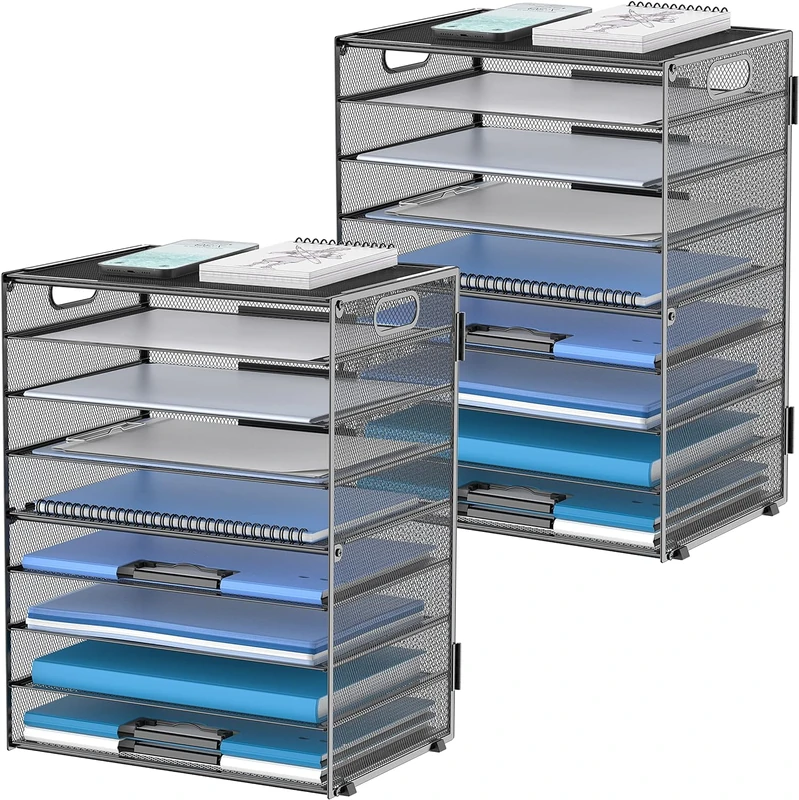 9-Tier Paper Organizer for Desk, Letter Tray with Handles, Black, 2 Pack