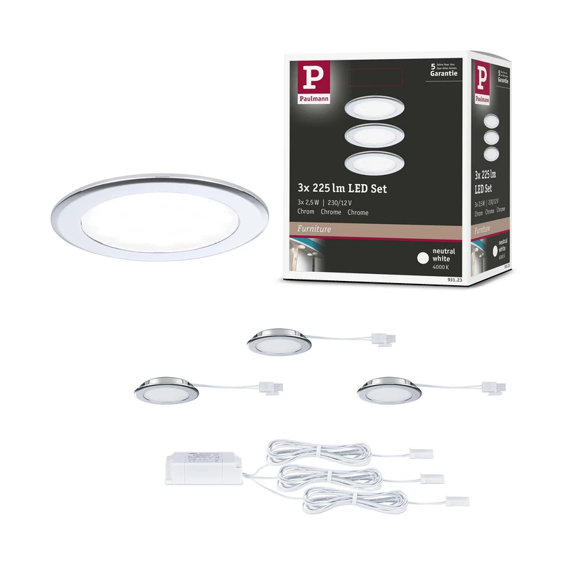 Paulmann 93123 LED recessed Furniture luminaire 3-Piece Set 65 mm 3x2.5W 3x180lm 230/12V 4000K Chrome