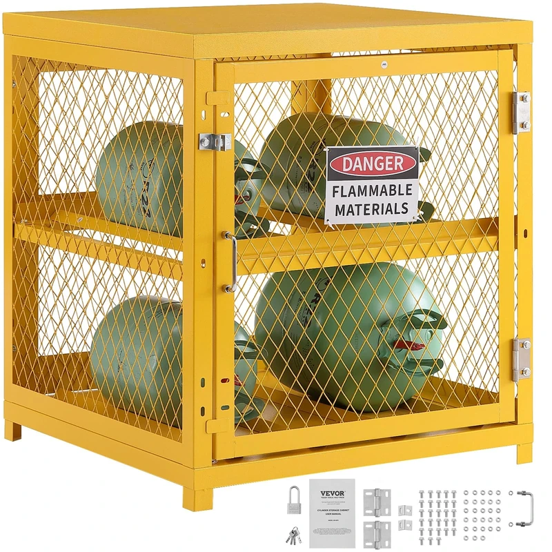 VEVOR Horizontal Cylinder Storage Cabinet,31.02x30.04x35 inch Propane Storage Cage, Yellow Powder Coat Finish, for Freon, Gases, Oxygen, Nitrogen