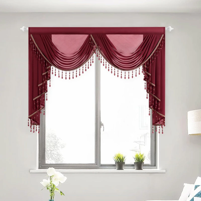 VOGOL Burgundy Vintage Waterfall Valance, 59 Inches Wide Sheer Valance Curtain with 2 Swags, Light-Filtering Rod Pocket Drape for Living Dining Room, 1 Panel