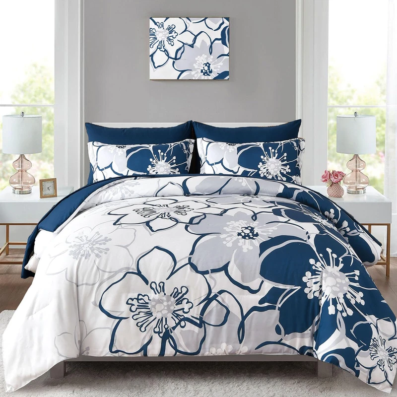 Anibedding Navy Floral Comforter Set Queen Size 7 Piece, Blue Flower Bed in a Bag, Elegant Botanical Floral Comforter Soft Microfiber Complete Bedding Set for All Season, (Navy Blue, 90"x90")
