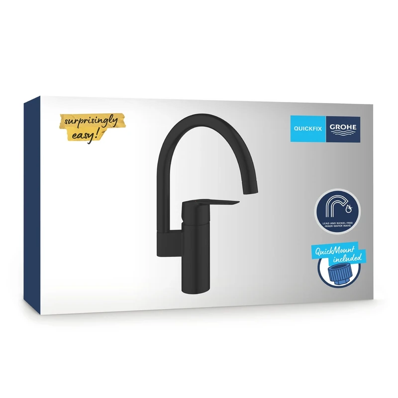 GROHE Start QuickFix – 1 Lever Kitchen Sink Mixer Tap (High C-Spout 339 mm with 150° Swivel Area, 35 mm Ceramic Cartridge, Tails 3/8 Inch, Easy to Fit with GROHE QuickMount), Matt Black, 304692430