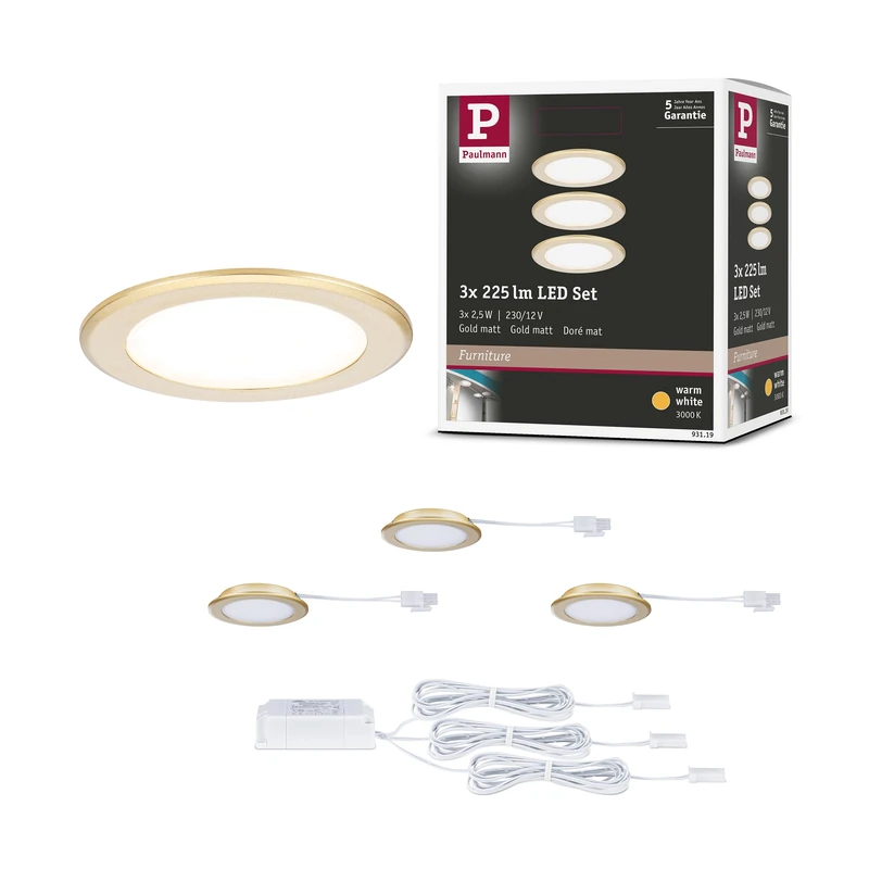 Paulmann 93119 LED recessed Furniture luminaire 3-piece Set 65mm 3x2.5W 3x180lm 230/12V 3000K Gold matt