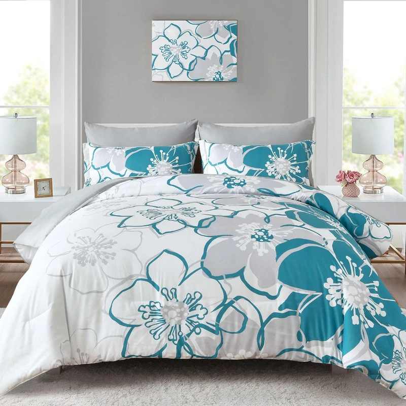 Anibedding Teal Floral Comforter Set King Size 7 Piece, Teal Blue Flower Bed in a Bag, Elegant Botanical Floral Comforter Soft Microfiber Complete Bedding Set for All Season, (Teal, 104"x90")