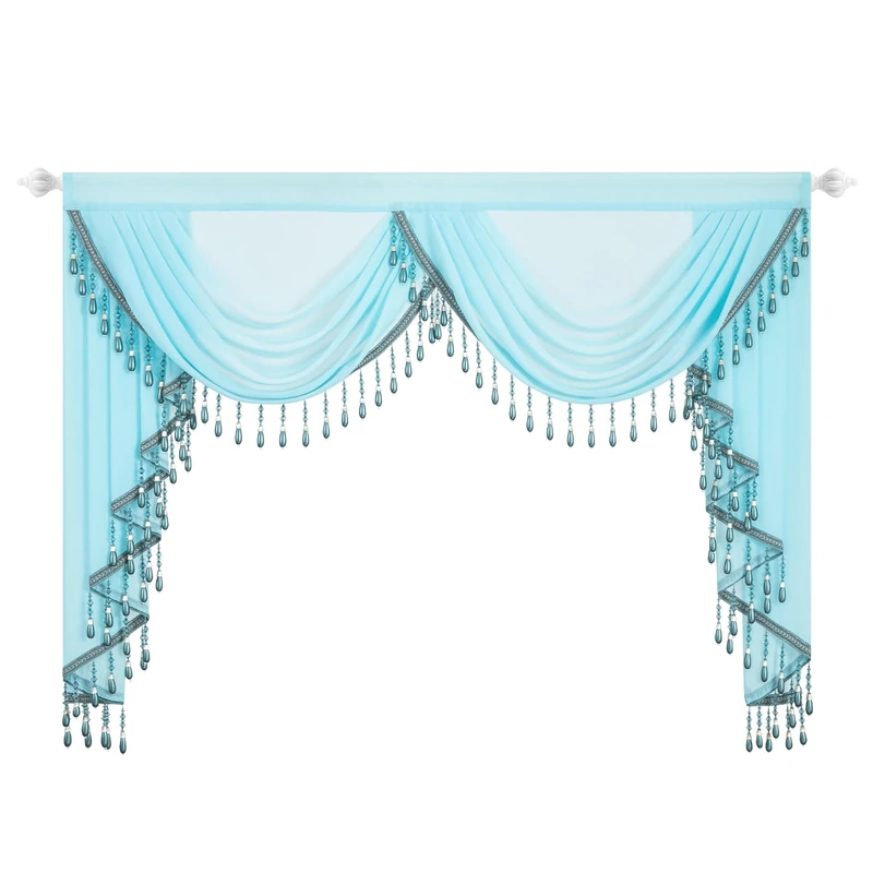 VOGOL Luxury Vintage Style Waterfall Valance, 1 Panel Soft Touch Silky Curtain with 2 Swags, 59 Inches Wide View Reducing Decorative Window Gauze for Farmhouse, Light Blue