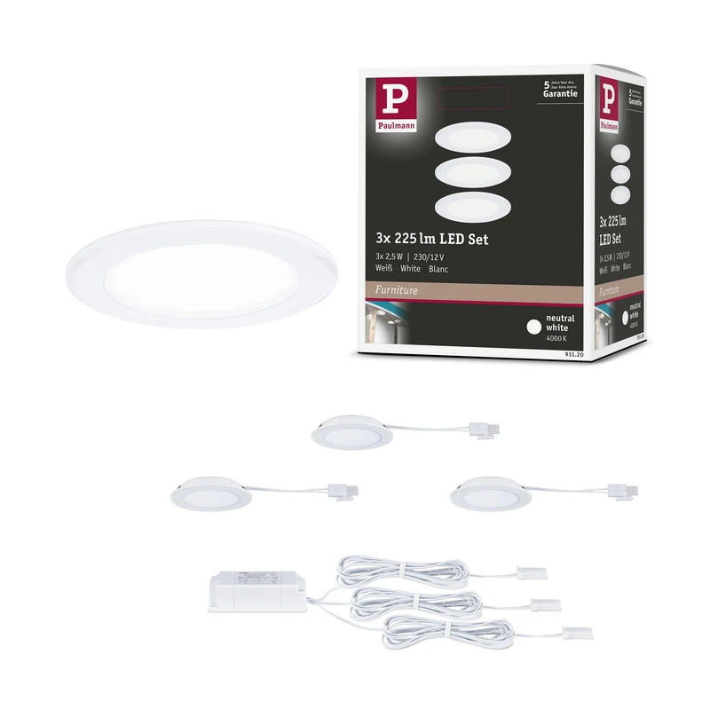 Paulmann 93120 LED recessed Furniture luminaire 3-piece Set 65 mm 3x2.5W 3x180lm 230/12V 4000K White