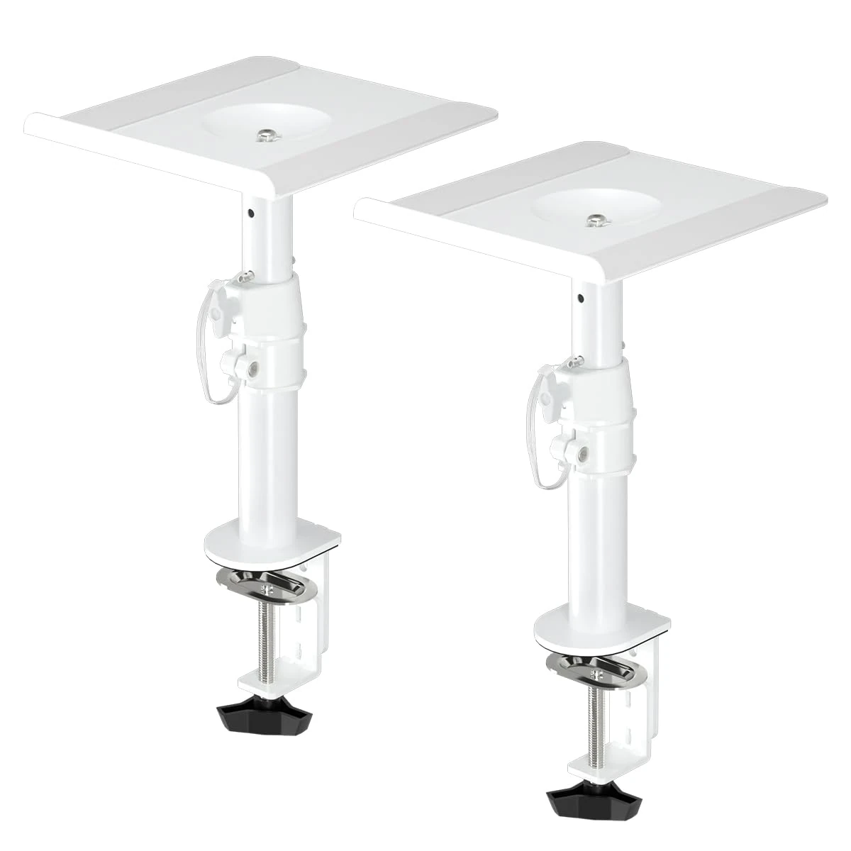suptek Clamp-on Speaker Stand Desk Mount Set, 9.6 x 8.8 inch Trays, Height Adjustment and Tilt, Universal Audio Holders for Computer and Bookshelf Speakers, Elevated Sound, 2 Pack, White, SDM001W